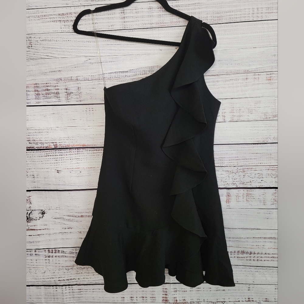 Do + Be M One Shoulder Black Ruffle Mini Dress